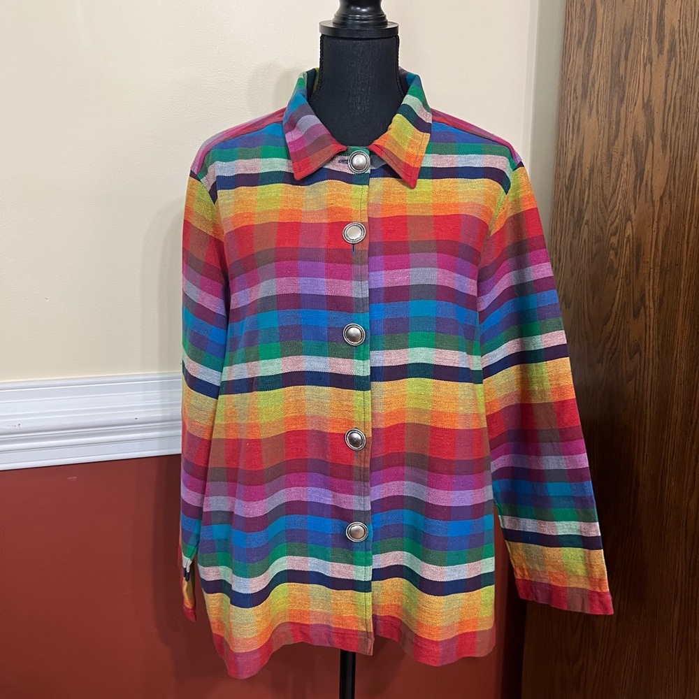 Vtg Rainbow 90s Plaid Check Woven Cotton Jacket
